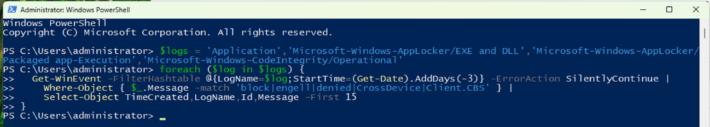 AppLocker ve CodeIntegrity günlüklerinde PowerShell üzerinden olay sorgusu.