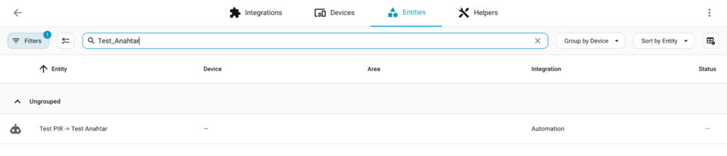 Home Assistant varlıklar ekranında Test PIR ve Test Anahtar otomasyon kaydı.