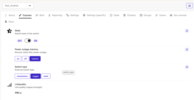 Zigbee2MQTT Exposes sekmesinde röle durum ve ayarları.
